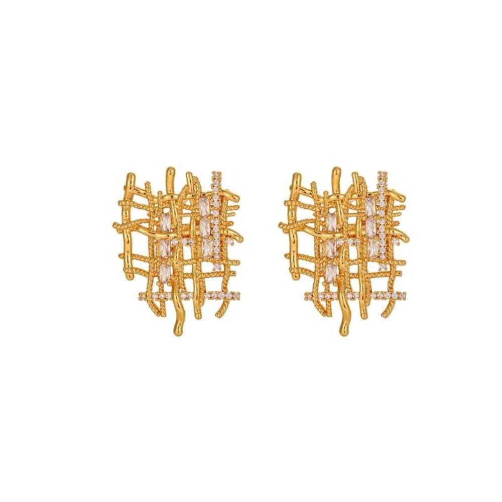 #05 Geometric Grid Statement Stud Earrings – Gold Tone